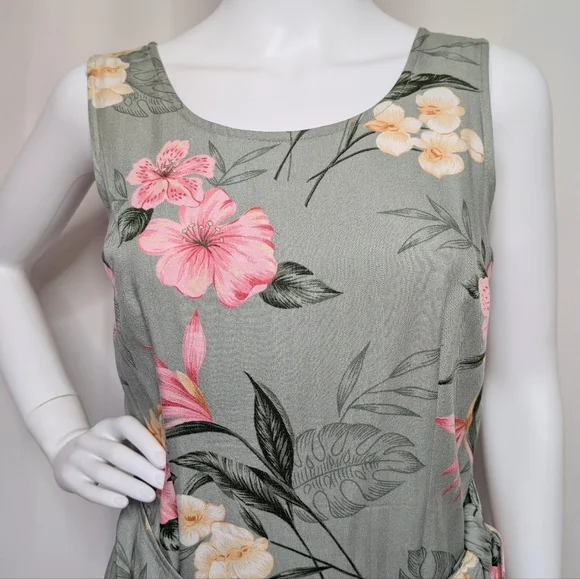 Green & Pink Botanical Floral Sleeveless Tank Midi Dress Wrap Front Style - Picture 2 of 9